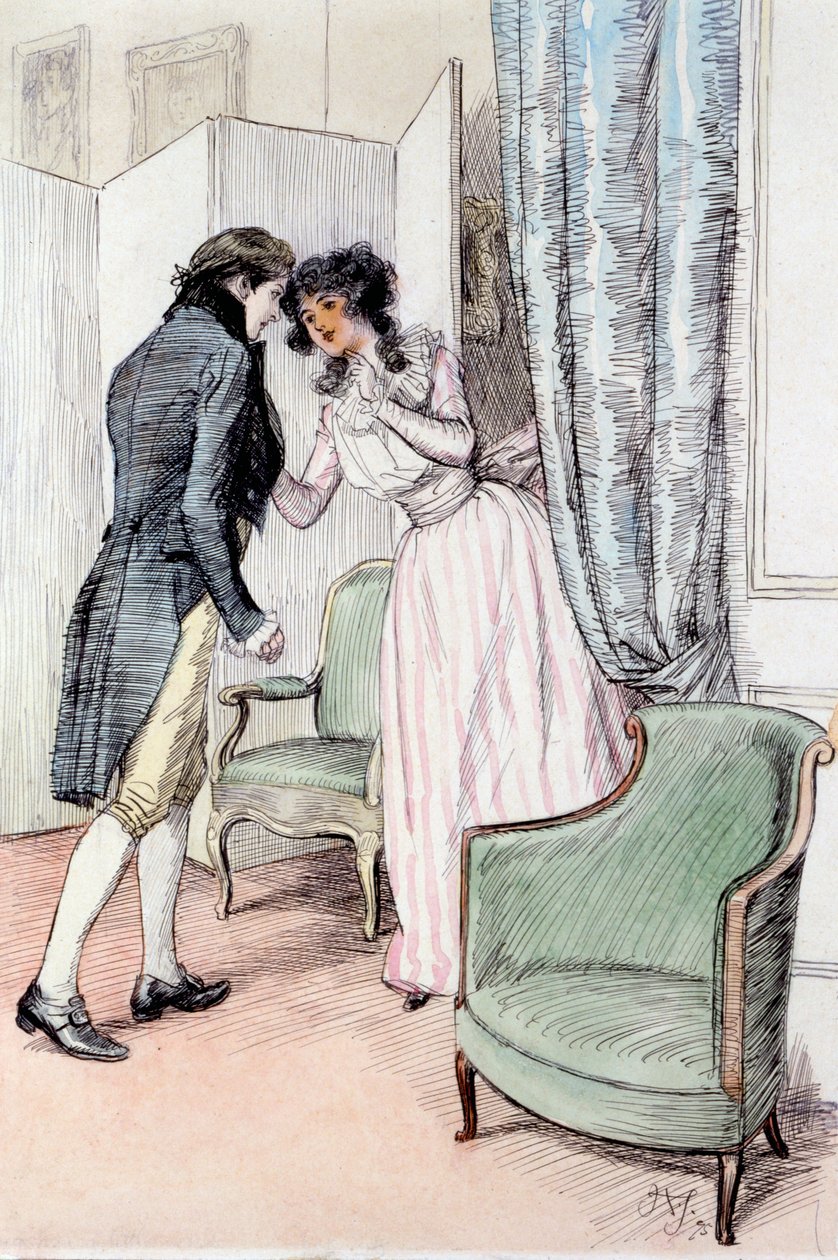 Drawing Him a Little Aside, kuvitus Jane Austenin "Sense and Sensibility" -teoksesta, julkaistu 1895 (kynä ja pesu paperille) tekijältä Hugh Thomson