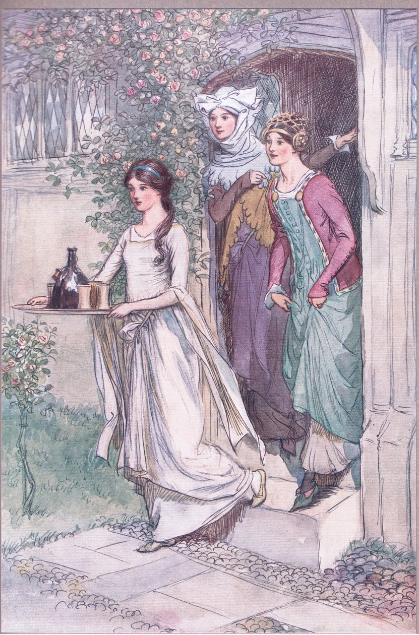 "Enter Anne Page with wine, Mistress Ford and Mistress Page seuraavat", kuvitus teoksesta "The Merry Wives of Windsor" tekijältä Hugh Thomson