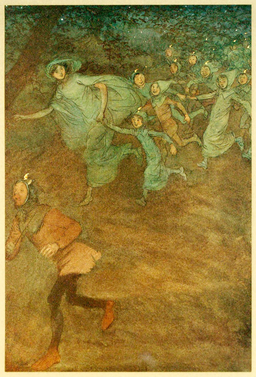 Sir Hugh Evans, Anne Page ja muut elokuvasta The Merry Wives of Windsor, 1910. tekijältä Hugh Thomson