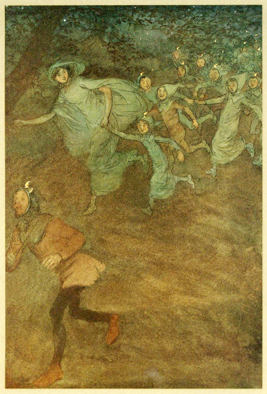 Astu sisään Sir Hugh Evans, Anne Page ja muut The Merry Wives of Windsorin pubista. 1910 tekijältä Hugh Thomson