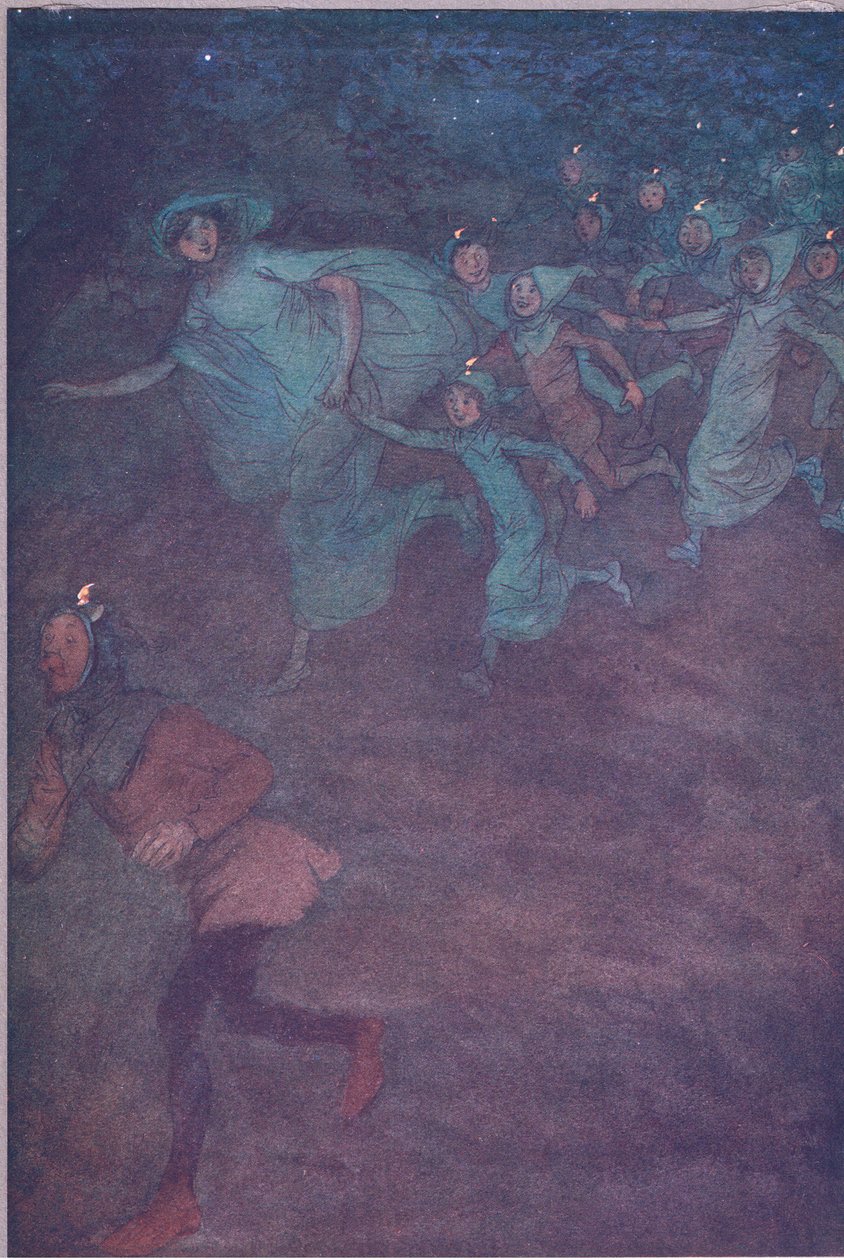 Sir Hugh Evans, Anne Page ja muut, kuvitus Windsorin iloisista vaimoista, 1910 tekijältä Hugh Thomson