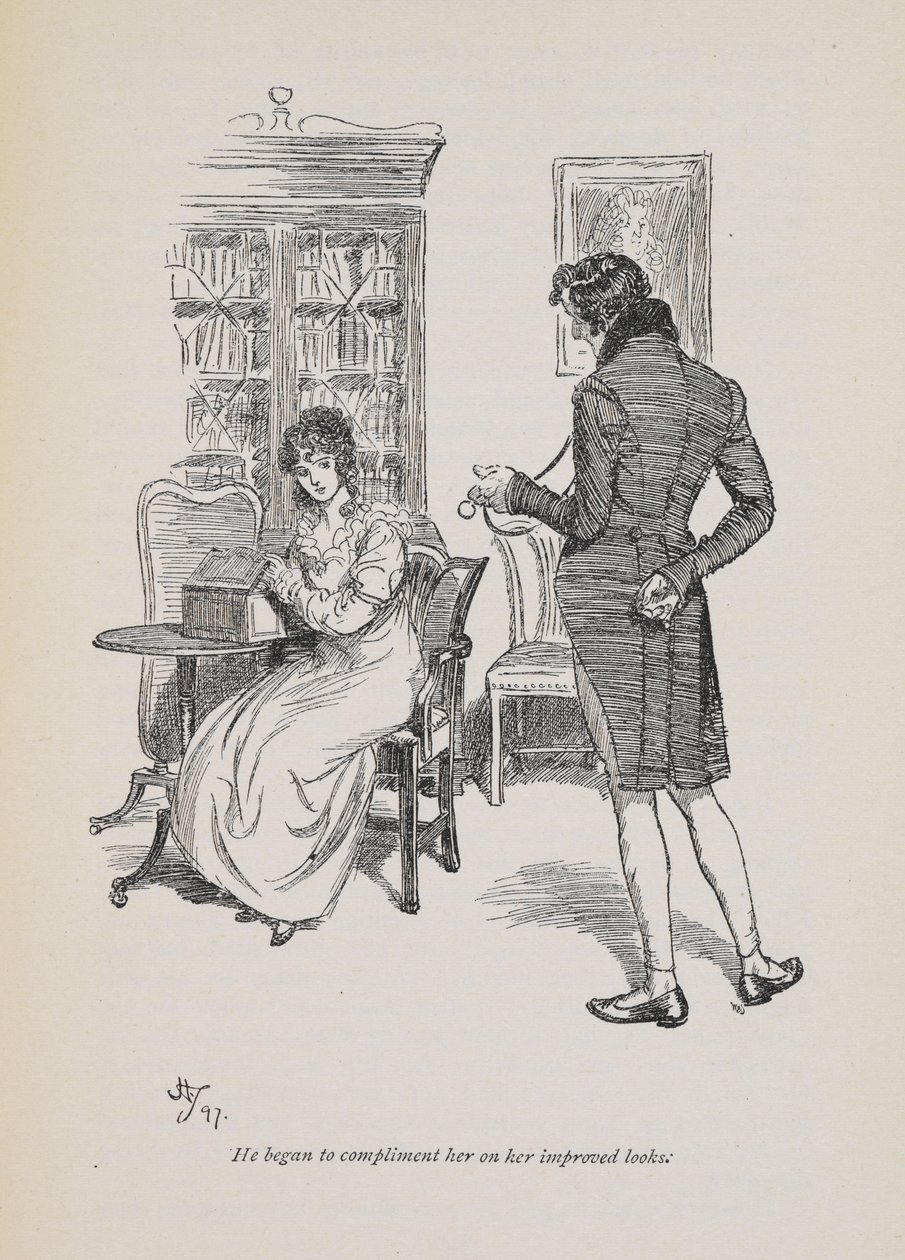 "Hän alkoi kehua häntä hänen parantuneesta ulkonäöstään", Jane Austenin romaanissa 1897 (kaiverrus) tekijältä Hugh Thomson