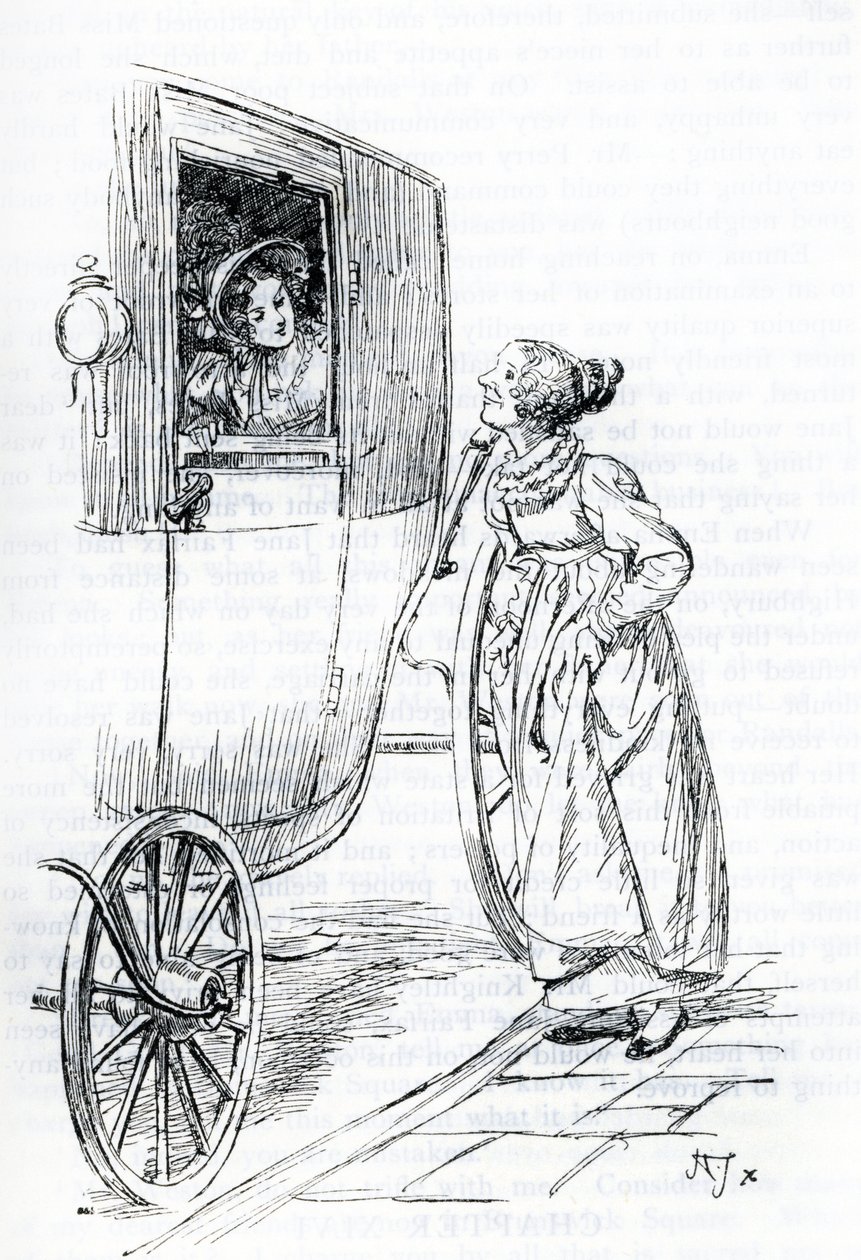 "Miss Bates et Emma" (kuva) tekijältä Hugh Thomson