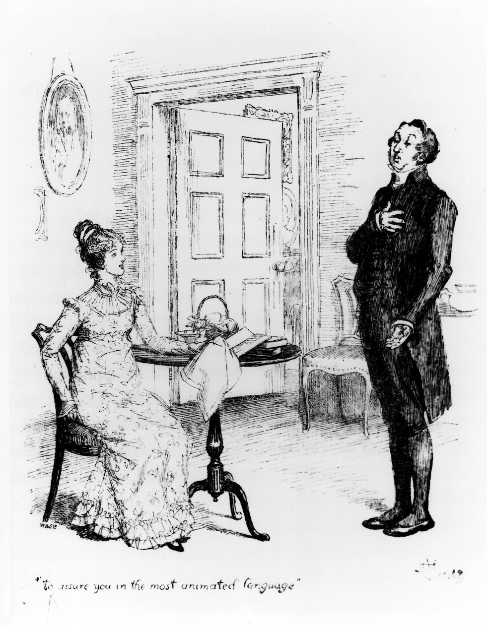 Mr Collins ja Elizabeth, Jane Austenin (1775-1817) teoksesta "Ylpeys ja ennakkoluulo" n. 1894 (kaiverrus) (bw-kuva) tekijältä Hugh Thomson