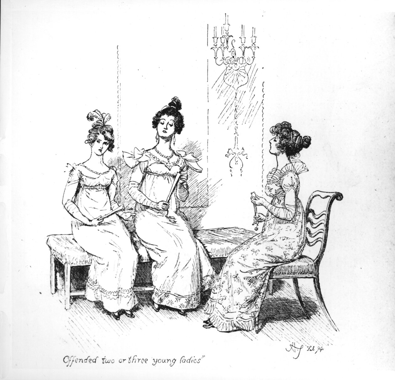 "Loukkantuneet kaksi tai kolme nuorta naista", Bingleyn sisarukset Jane Austenin "Pride and Prejudice" -teoksesta, 1894 (kaiverrus) (bw-kuva) tekijältä Hugh Thomson