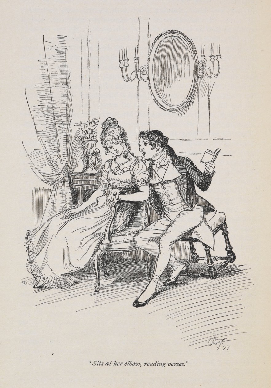 "Istuu kyynärpäällään ja lukee säkeitä", Jane Austenin Persuasion tekijältä Hugh Thomson