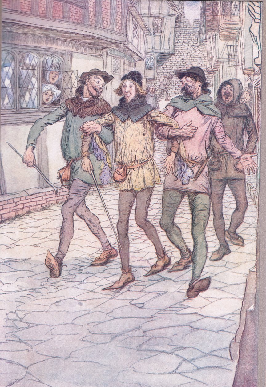 He veivät minut kapakkaan, kuvitus elokuvasta The Merry Wives of Windsor , 1910. tekijältä Hugh Thomson