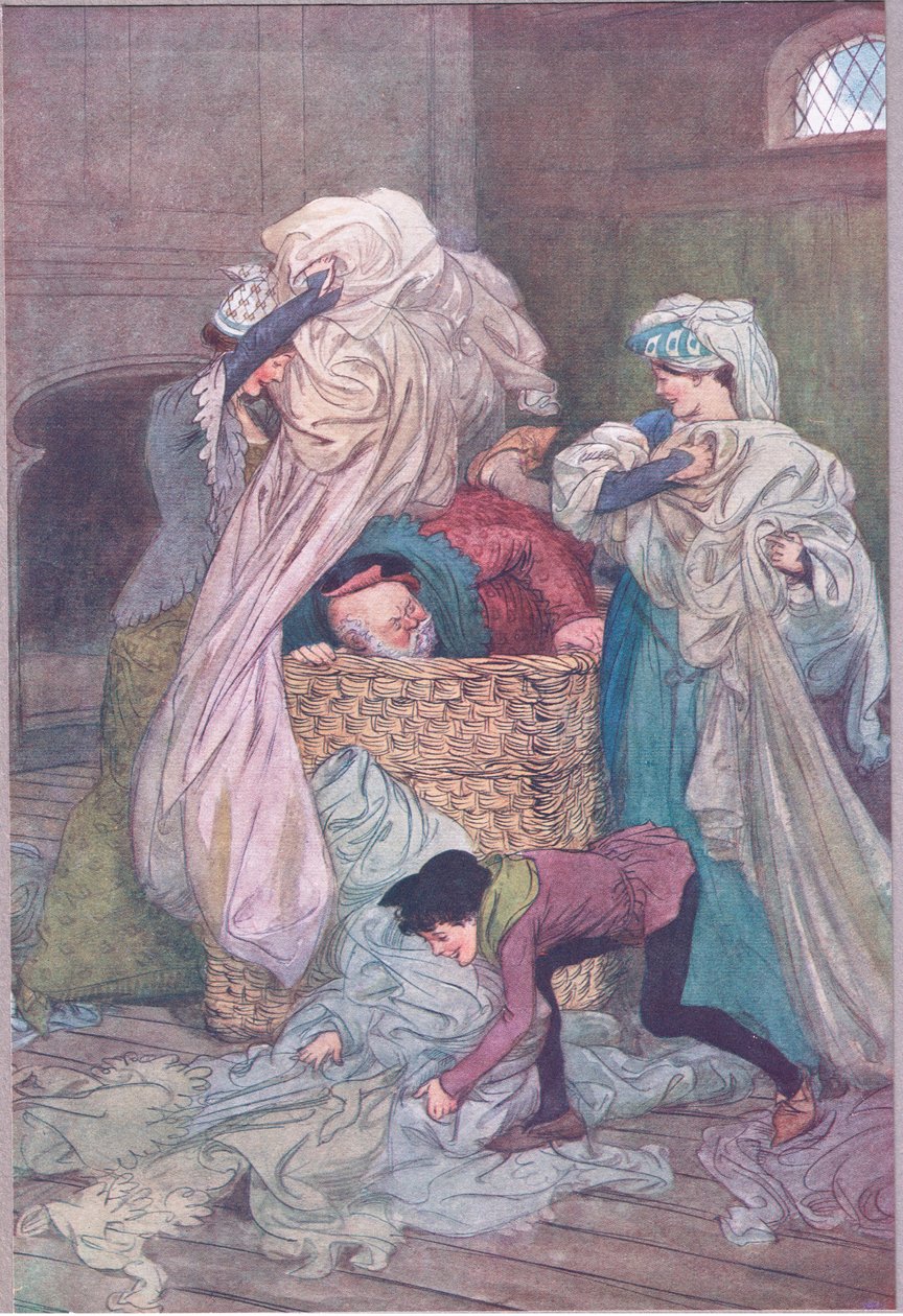 "He peittävät hänet epäpuhtaalla pellavalla", kuvitus teoksesta "The Merry Wives of Windsor" tekijältä Hugh Thomson