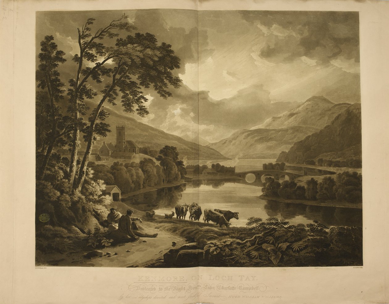 Kuvassa näkymä Kenmoresta Loch Taylla Skotlannissa. Järvi- ja vuoristomaisema ylämailla. tekijältä Hugh William Williams