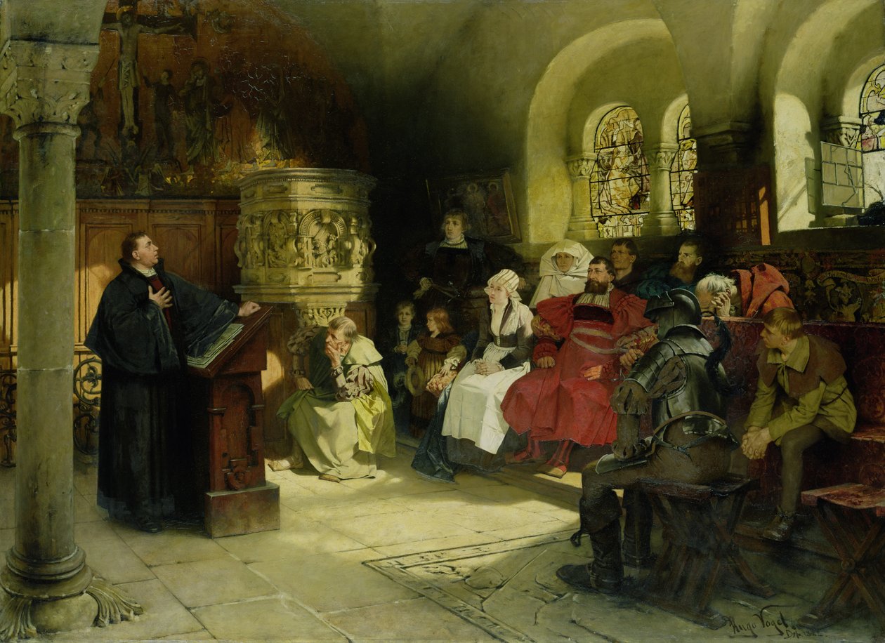 Luther saarnaa raamatunkäännöstään käyttäen ollessaan vangittuna Wartburgissa, 1882 tekijältä Hugo Vogel