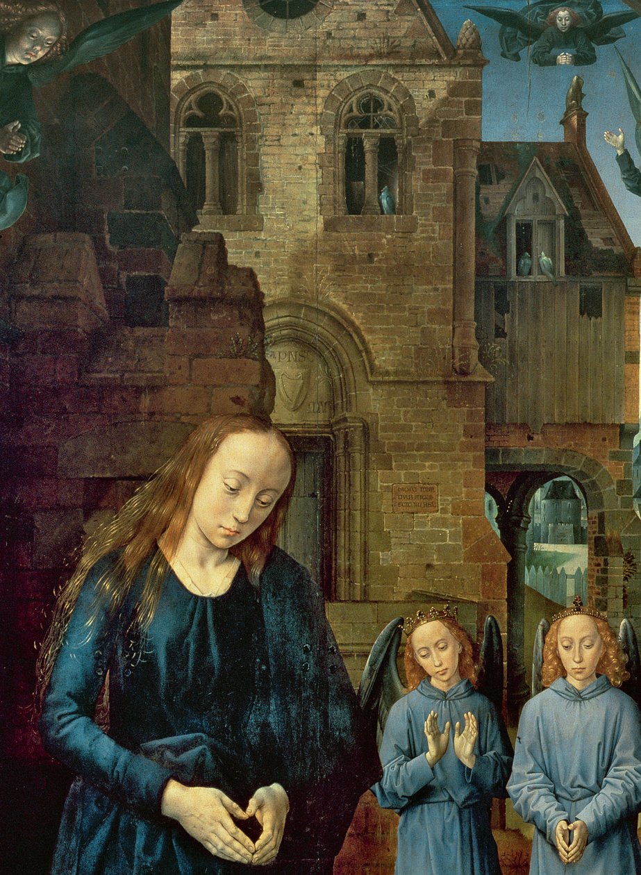 Enkeleiden palvoma Kristus-lapsi, Portinarin alttaritaulun keskustaulu, n. 1479 (9619:n yksityiskohta) tekijältä Hugo van der Goes