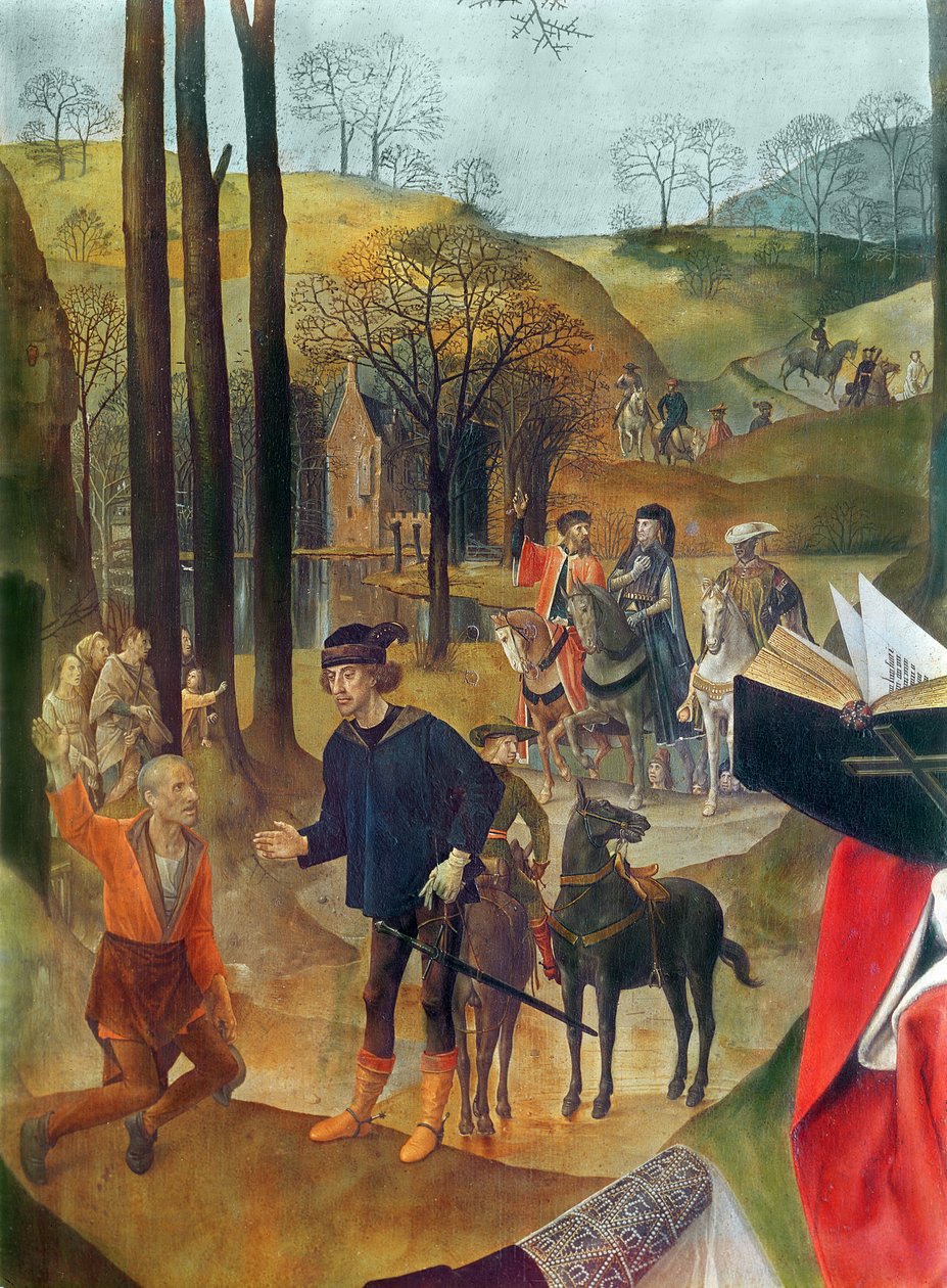Portinarin alttaritaulu, oikea paneeli yksityiskohta Magin saapumisesta, n. 1479 öljy paneelille tekijältä Hugo van der Goes