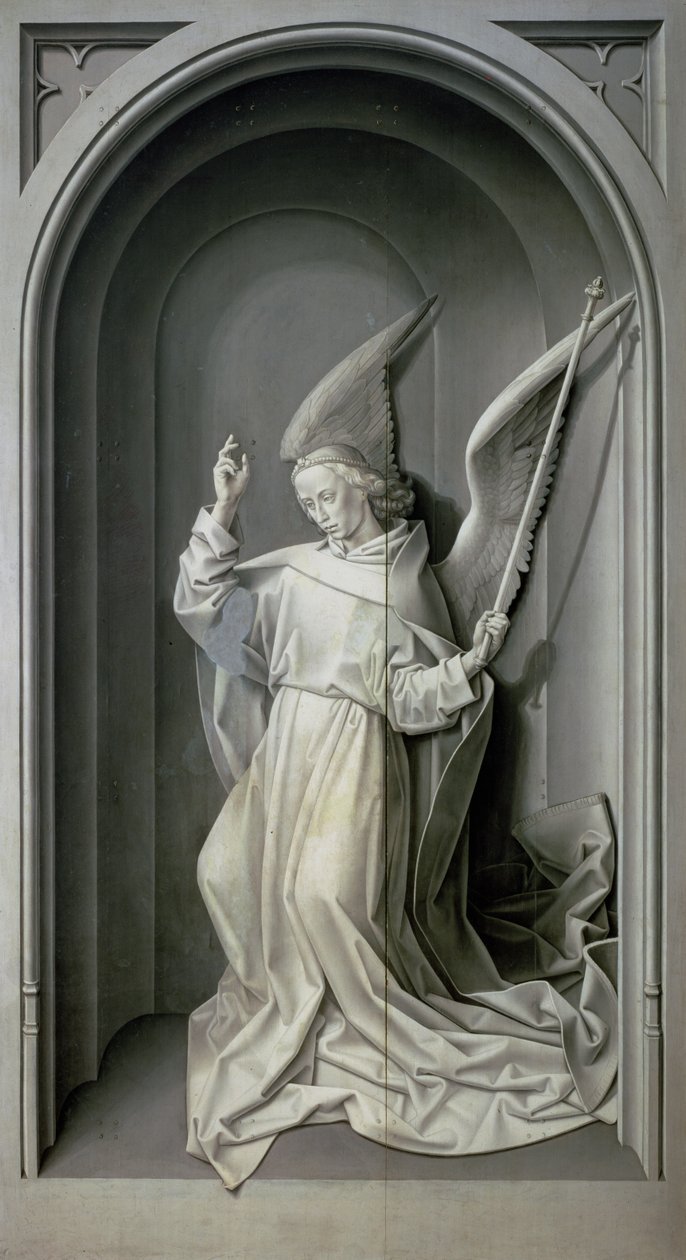 Ilmoituksen enkeli, Portinarin triptyykistä, n. 1479 tekijältä Hugo van der Goes