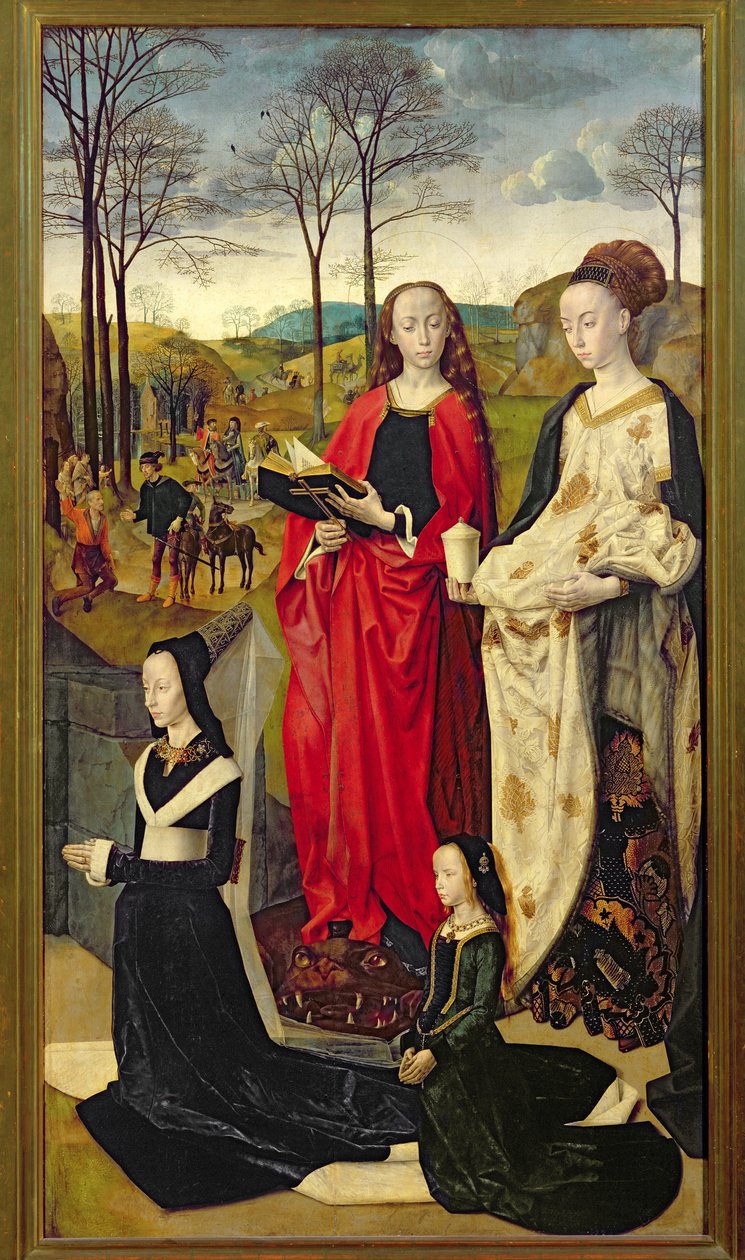 Portinarin alttaritaulu, Pyhä Maria Magdaleena ja Pyhä Margareta sekä Maria Baroncelli ja tytär Margherita Portinari, oikeanpuoleinen siipi, noin 1479. tekijältä Hugo van der Goes