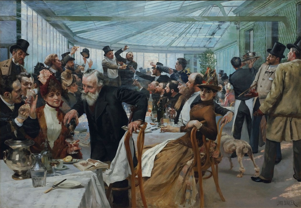 Ruotsinkielinen: Skandinaavisten taiteilijoiden lounas Café Ledoyenissa, Pariisissa Skandinaavisten taiteilijoiden lounas Café Ledoyenissa, Pariisissa: Lakkauspäivä 1886 tekijältä Hugo Birger