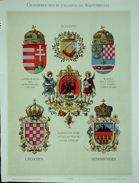 Itävalta-Unkarin valtakunnan vaakunoita, taiteilijan Heraldischer Atlasista tekijältä Hugo Gerard (after) Strohl