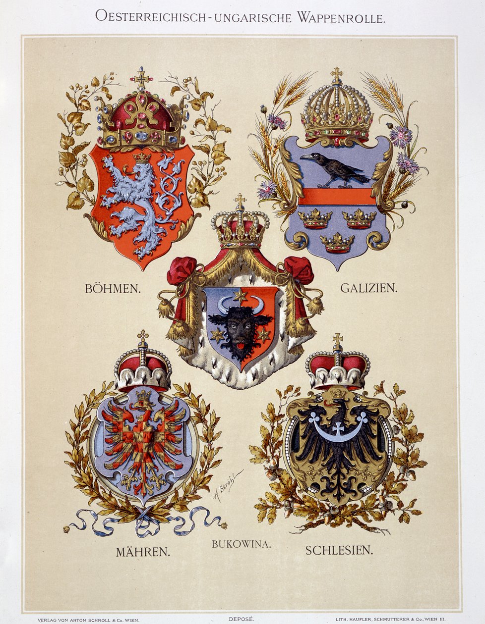 Itävalta-Unkarin valtakunnan vaakunoita, taiteilijan Heraldischer Atlasista, 1899 tekijältä Hugo Gerard Strohl