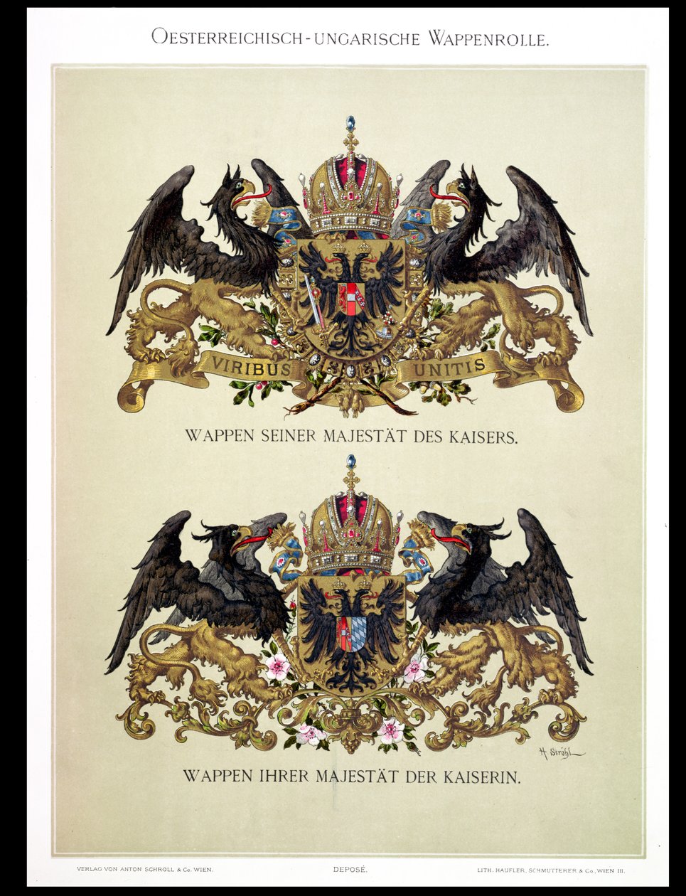 Kilpi, jossa keisari Frans Joseph I:n (1830-1916) ja keisarinna Elisabetin (1837-98) vaakuna taiteilijan Heraldischer Atlasista, 1899 tekijältä Hugo Gerard Strohl