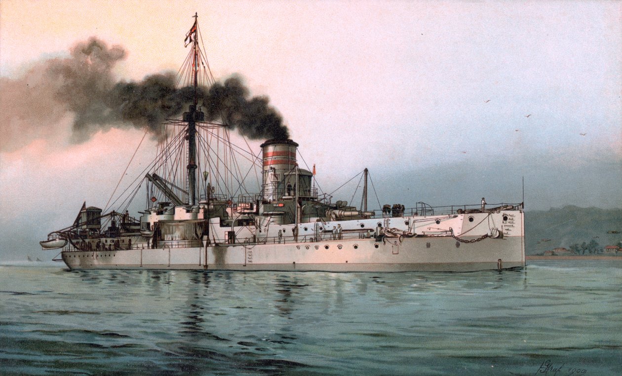 Saksalaisen rautaverhoisen SMS Württembergin litografia tekijältä Hugo Graf