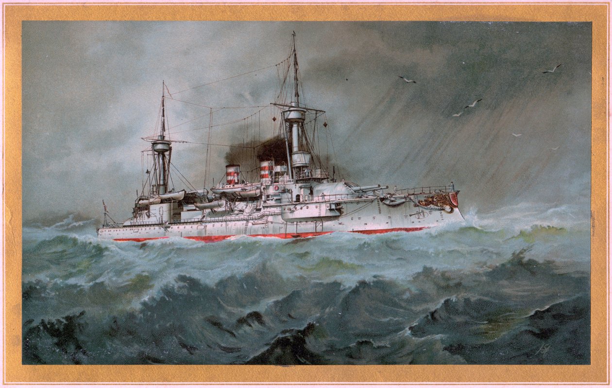 TEKSTIVIESTI. Linienschiff Brandenburg (vaakuna punainen kotka valkoisella kilvellä, S.M.S. Wörth = musta keisarikotka kultaisella kilvellä) tekijältä Hugo Graf