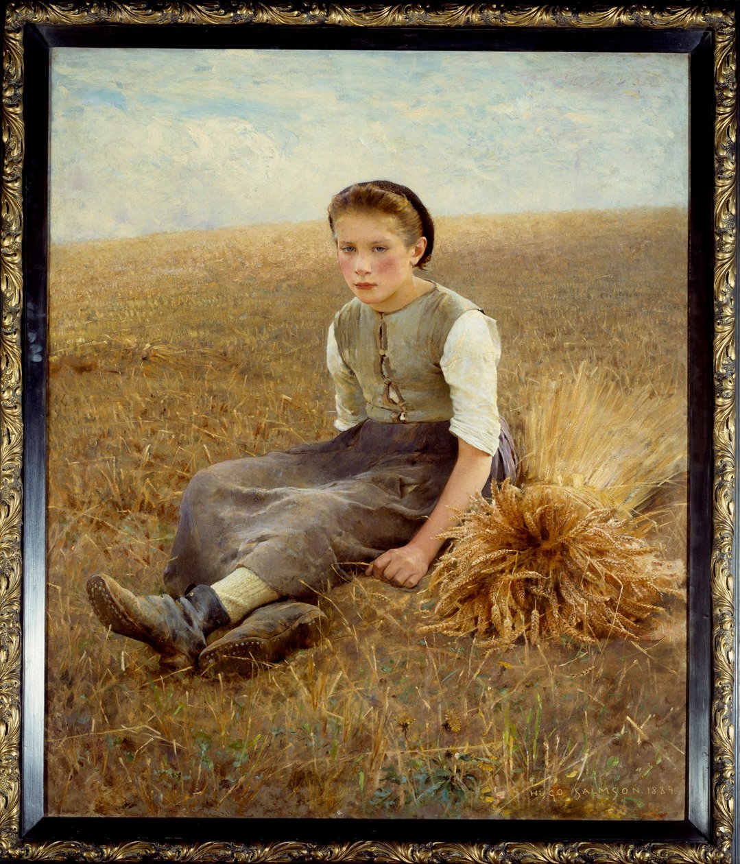 Pieni ruotsalainen talonpoika istuu heinällä. Hugo Salmsonin (1844-1894) maalaus 1886 Su. 1,34 x 1,10 m Nantes, musee des Beaux Arts - Pieni siivooja. Pieni ruotsalainen talonpoika istuu heinässä. Hugo Salmsonin (1844-1894) maalaus tekijältä Hugo Salmson
