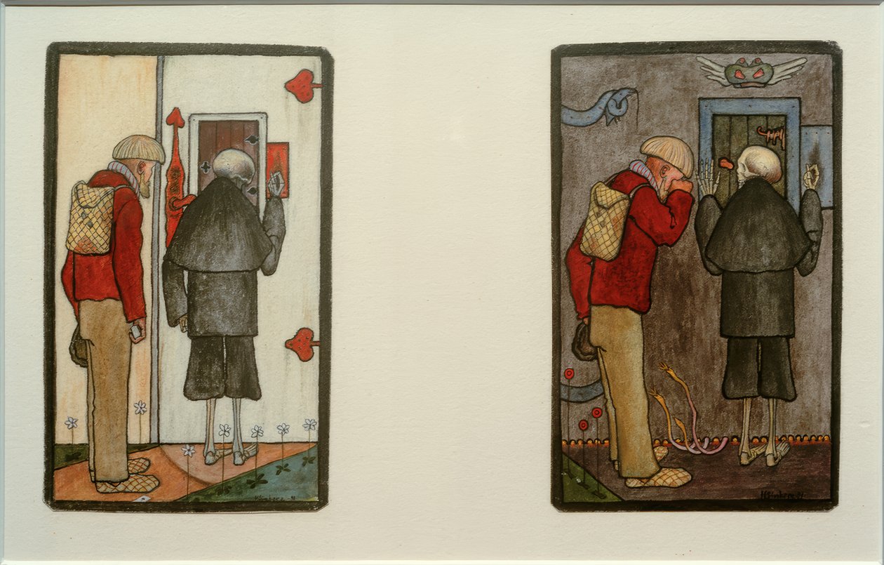 Bauer und Tod vor den Pforten von Himmel und Hölle tekijältä Hugo Simberg