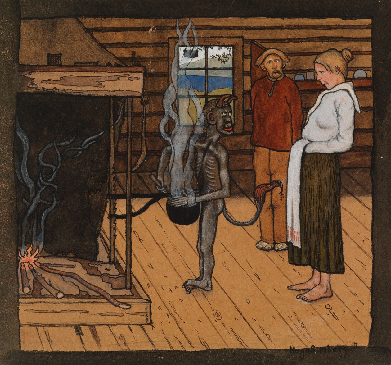 Tulen äärellä istuva köyhä paholainen; Pata vieressä istuva paholainen tekijältä Hugo Simberg