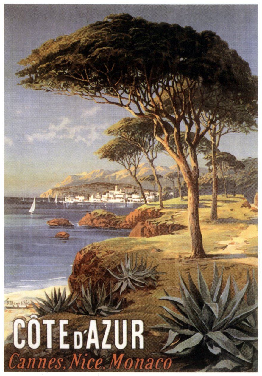 Cote d"Azuria mainostava juliste - Cannes, Nizza, Monaco, n. 1900 tekijältä Hugo d Alesi