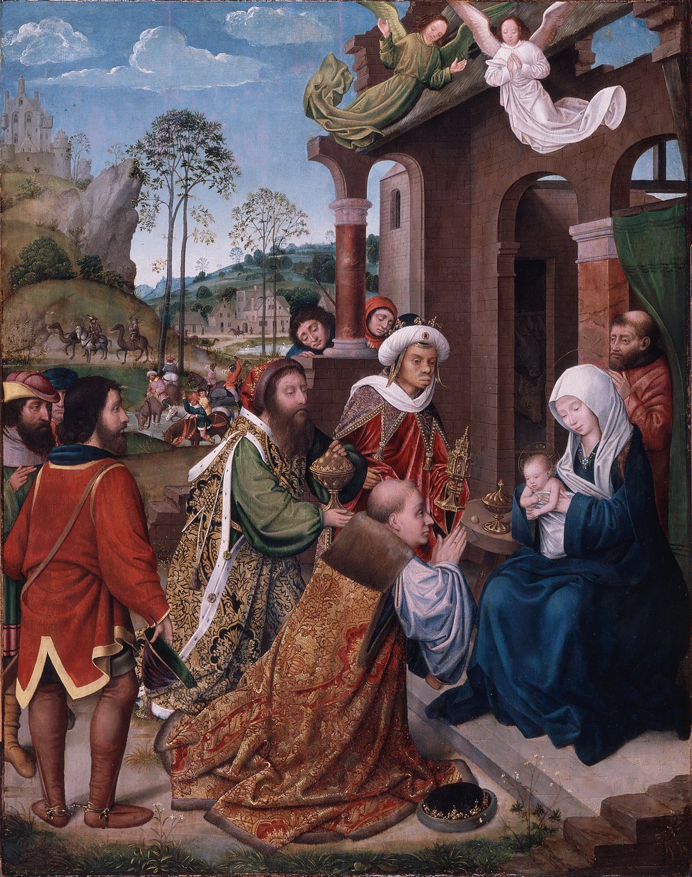 Maagisten palvominen, noin 1505 (öljy paneelille). tekijältä Hugo van der (follower of) Goes