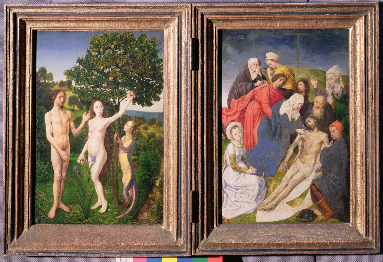 Diptyykki: Ihmisen lankeemus (Aatami ja Eeva, käärme ja omena) ja Jeesuksen laskeutuminen ristiltä (vuoden 1479 jälkeen). tekijältä Hugo van der Goes