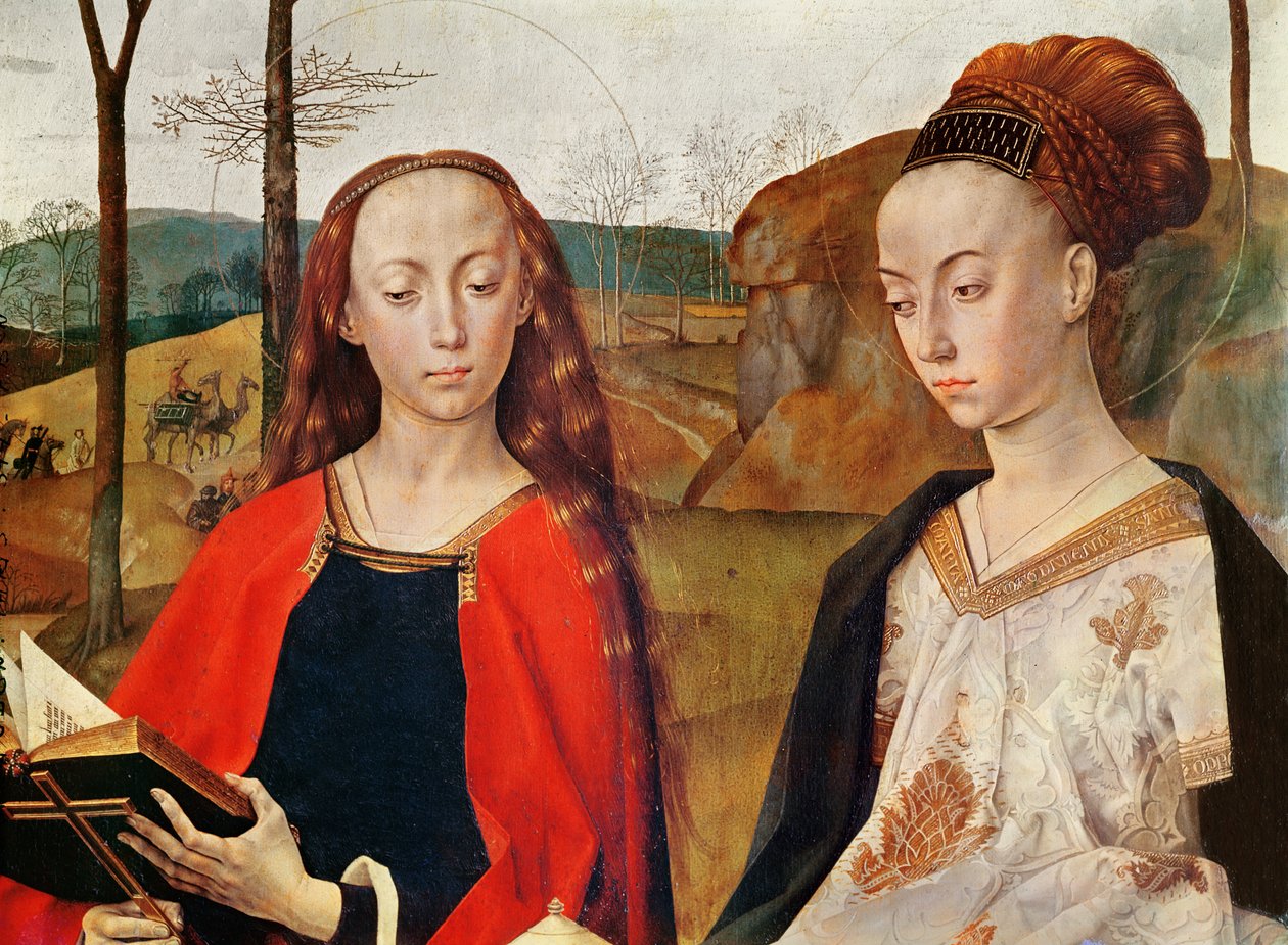 Pyhä Margareta ja Pyhä Maria Magdaleena. Yksityiskohta Portinarin alttaritaulusta. Noin 1479. öljy puulle tekijältä Hugo van der Goes
