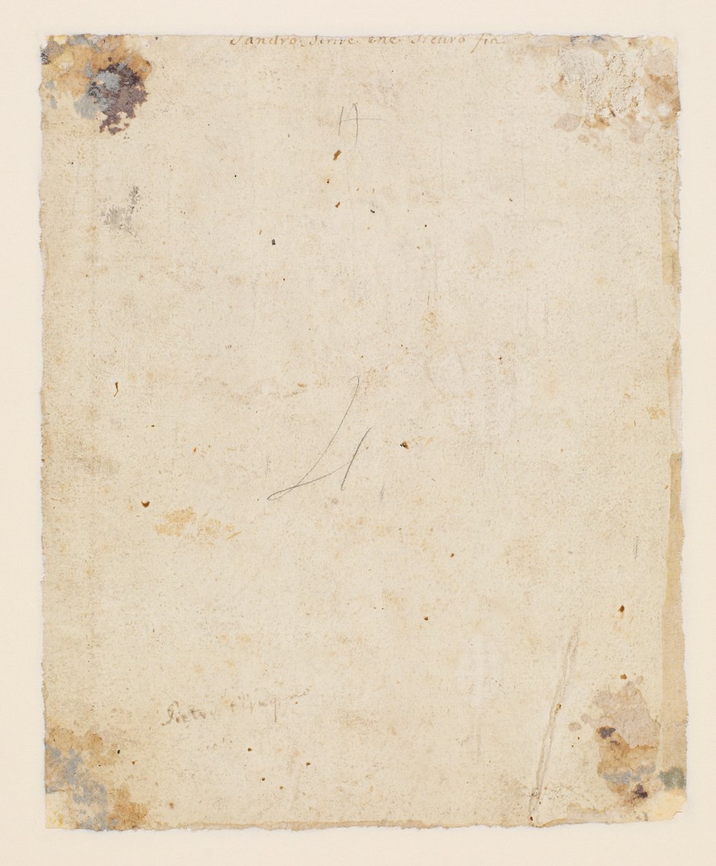 Toisen tekstin ylempi keskellä, ruskea muste, italialainen 1700-luvun käsi: "Sandro scrive che sicuro fia"; sen alla ruskea muste, 1800-luvun käsi: "Petro Perugino", tekijältä Hugo van der Goes