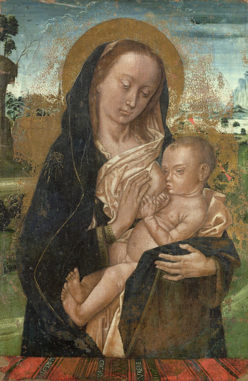 Neitsyt Maria hiljentäen Jeesus-lapsen, vuoden 1476 jälkeen tekijältä Hugo van der studio of Goes