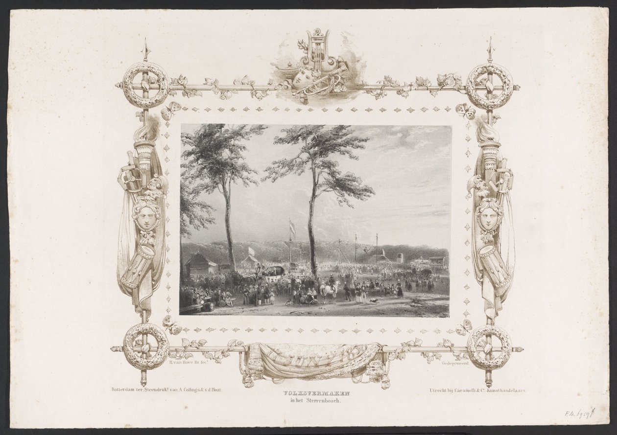 Huvipuisto ja muu huvi, 1836 Suosittua viihdettä Sterrenboschissa / 17. kesäkuuta 1836 (otsikko esineessä) Lautaset Utrechtsche Hogeschoolin toisen satavuotisjuhlan kunniaksi, 1836 (sarjan nimi) tekijältä Huib van Hove Bz