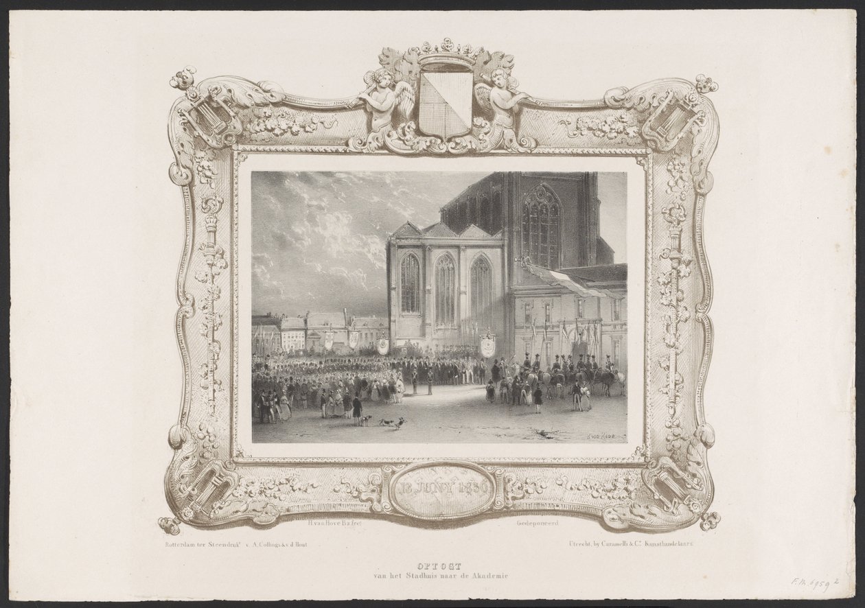 Kulkue kaupungintalolta Akatemiarakennukseen, 1836 Ascension kaupungintalolta Akatemialle (otsikko esineessä) Lautaset Utrechtsche Hogeschoolin toisen satavuotisjuhlan kunniaksi, 1836 (sarjan nimi) tekijältä Huib van Hove Bz