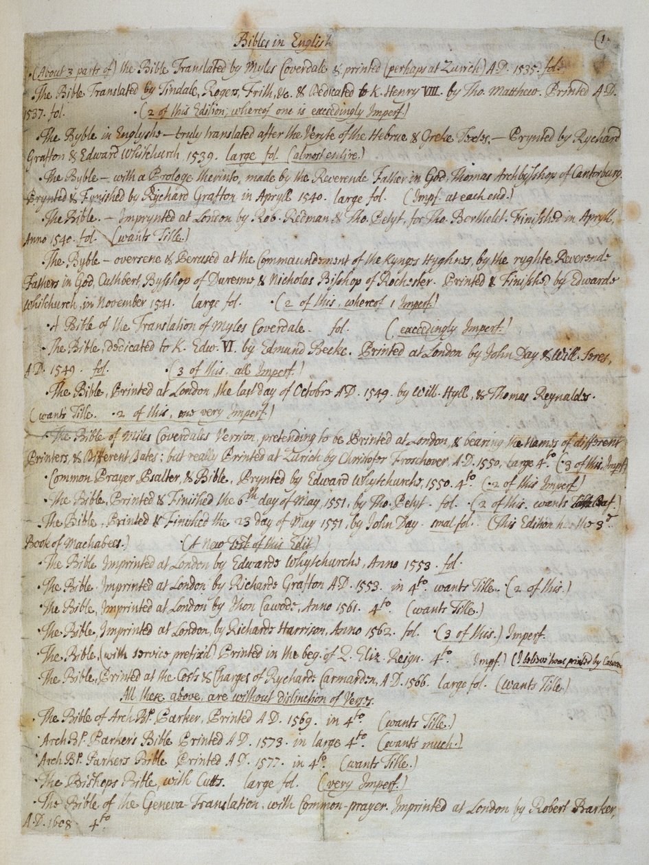 Ms.CF57 Raamattuluettelo St. Paulin katedraalissa, 1707 tekijältä Humphrey Wanley