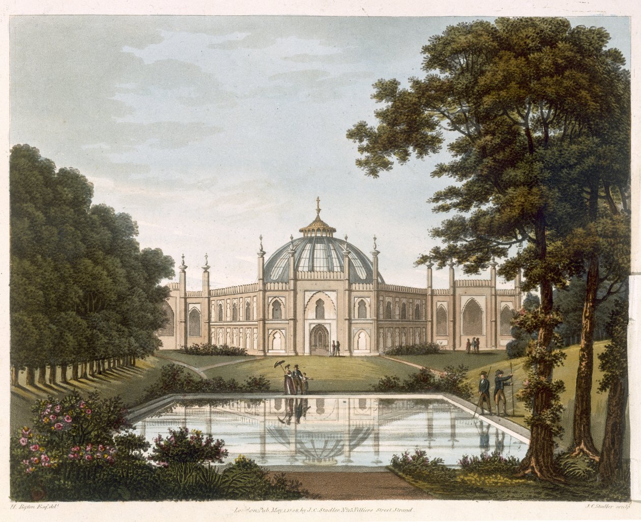 Brighton Pavilion: Ehdotettu näkymä puutarhaan ja osa Brighton Pavilionista taustalla, kaiverrus J. C. Stadler, n. 1816 tekijältä Humphry Repton