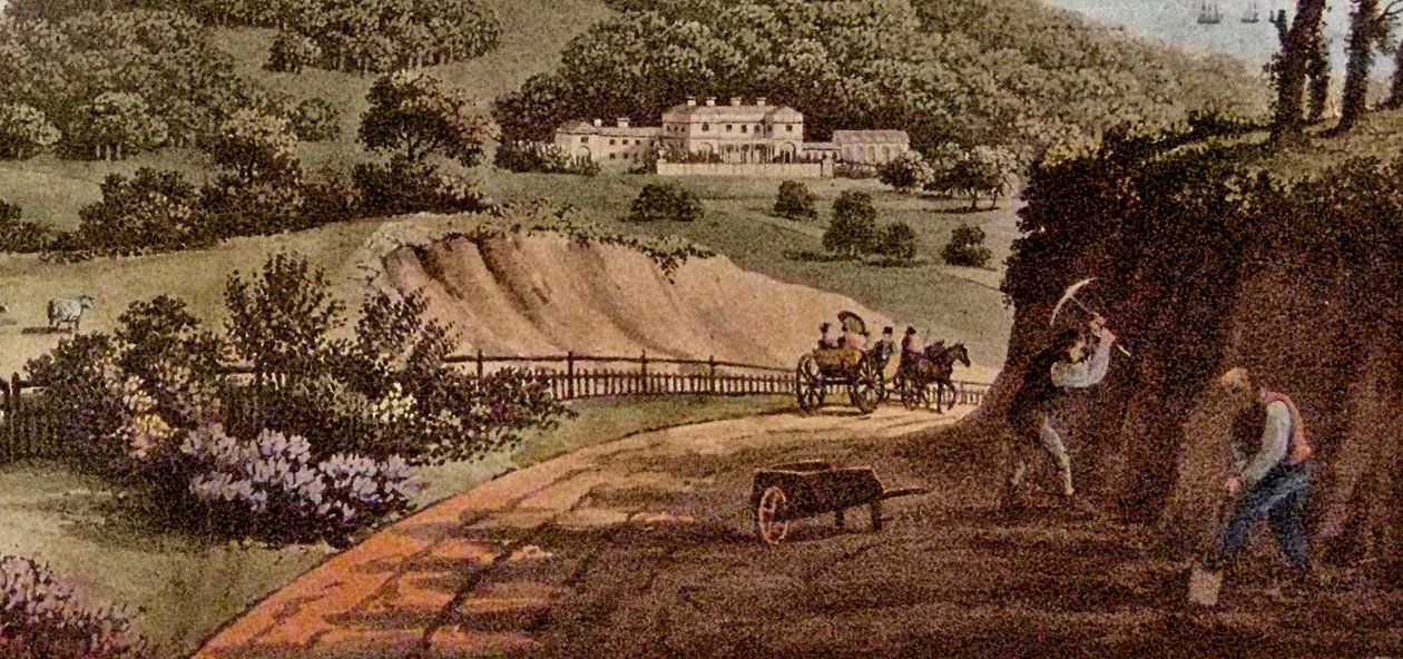 Yksityiskohta näkymästä Sherringham Bowerista, Norfolk: Abbot Upcher, n. 1812 wc paperilla tekijältä Humphry Repton