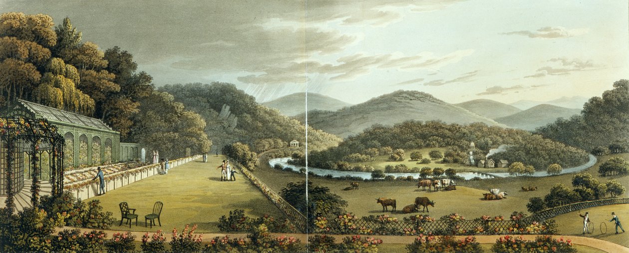 Yleinen näkymä mökin etelä- ja itäpuolelta Endsleighissä, Devonissa, (jälkeen) julkaisusta "Fragments on the Theory and Practice of Landscape Gardening", pub. 1816 tekijältä Humphry Repton