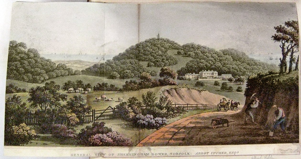 Yleisnäkymä Sherringham Bowerista, Norfolkista: Abbot Upcher, n. 1812 tekijältä Humphry Repton