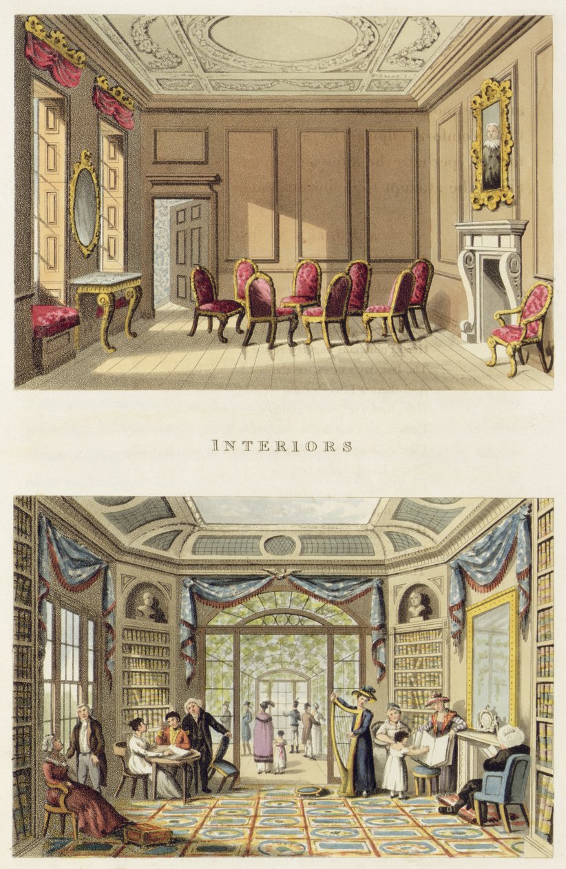 Sisustus: Old Cedar Parlor ja The Modern Living Room, julkaisusta "Fragments on the Theory and Practice of Landscape Gardening", pub. 1816 tekijältä Humphry Repton