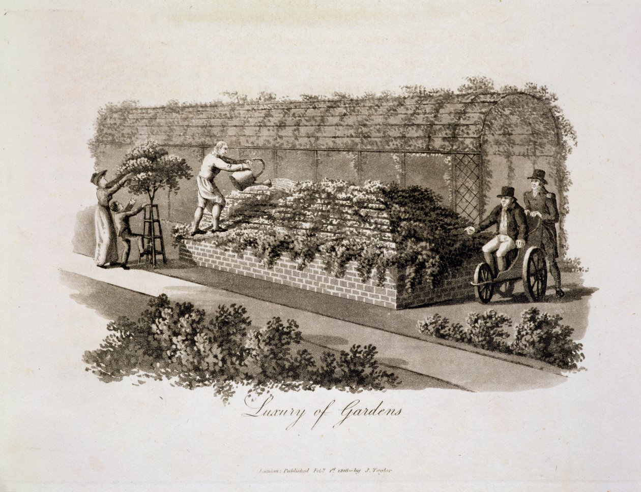 Luxury of Gardens, julkaisusta "Fragments on the Theory and Practice of Landscape Gardening", julkaistu 1816 (akvatinta) tekijältä Humphry Repton