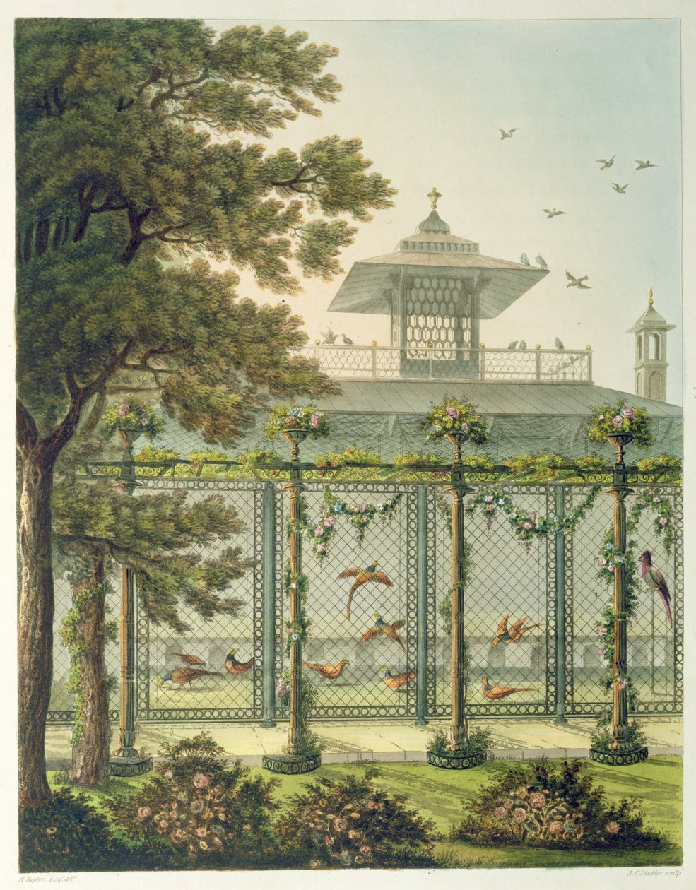 The Pheasantry, kaiverrus Joseph Constantine Stadler (fl.1780-1812) julkaisusta "Designs for the Pavilion at Brighton", pub. 1808 tekijältä Humphry Repton