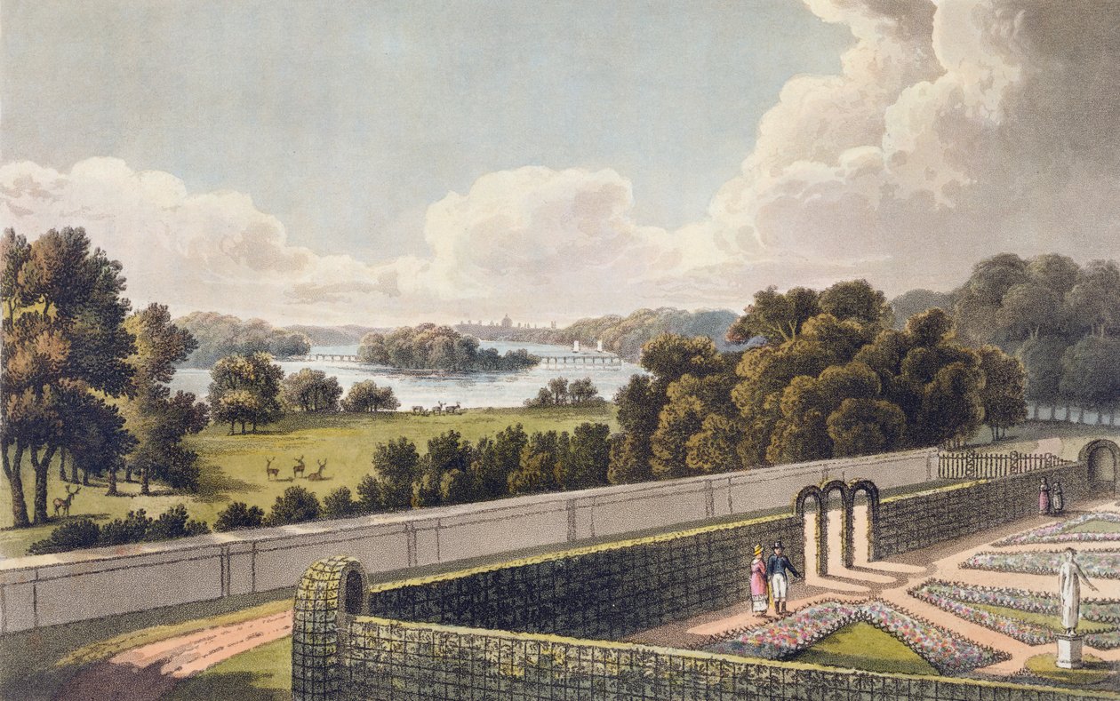 Näkymä, sellaisena kuin sitä ehdotetaan muutettavaksi, Lontoon lähellä sijaitsevan huvilan portiikista, teoksesta "Fragments on the Theory and Practice of Landscape Gardening", 1816 (akvatinta) tekijältä Humphry Repton