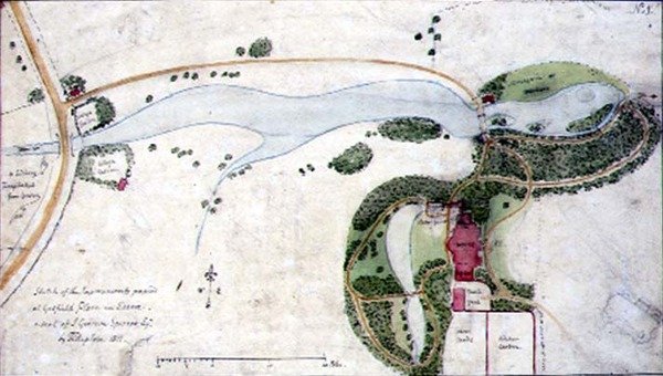 Puutarhasuunnitelma Gosfield Placeen, Essexiin. tekijältä Humphry Repton