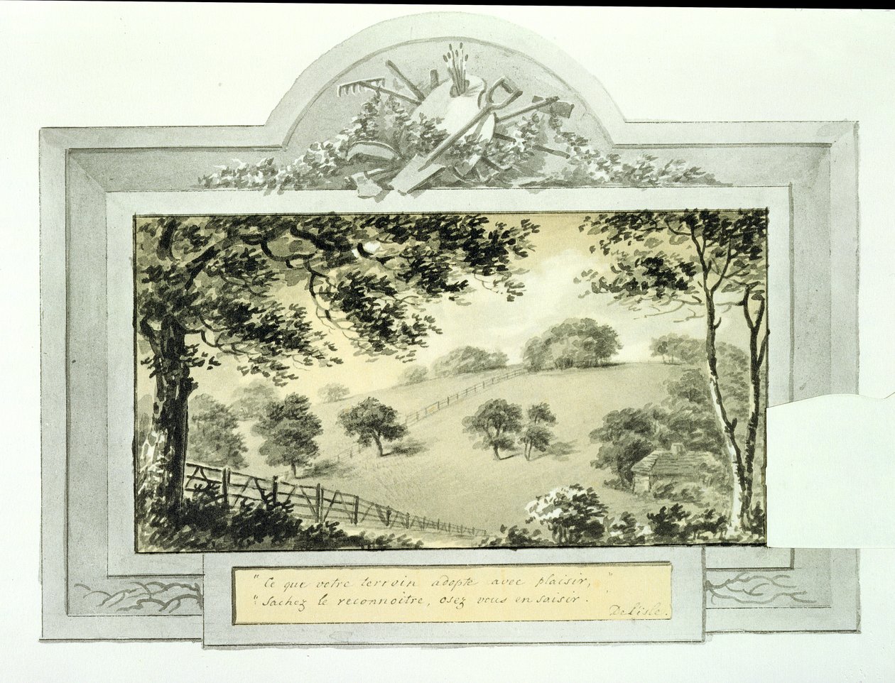 Tontin "ennen" näkymä, Antony Housen punaisesta kirjasta, n. 1812 (muste paperilla) (katso "jälkeen" -näkymä kohdasta 170691) tekijältä Humphry Repton