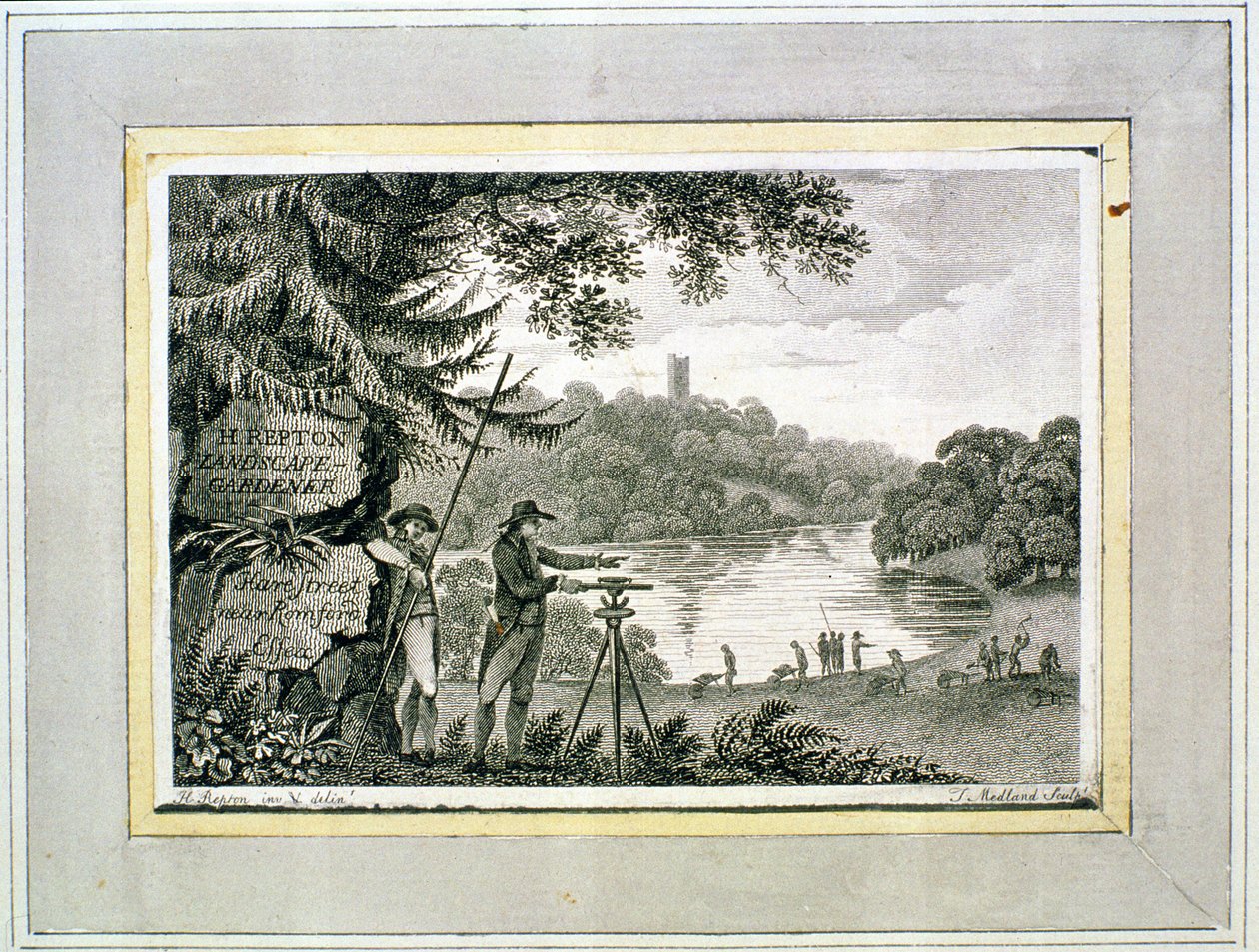 Humphrey Reptonin käyntikortti, kaiverrus Thomas Medland (fl.1808-22) tekijältä Humphry Repton