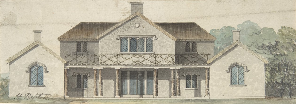 Suunnittelu mökille Ornée Tudoresque-tyyliin, 1700-luvun loppu - 1800-luvun alku. tekijältä Humphry Repton