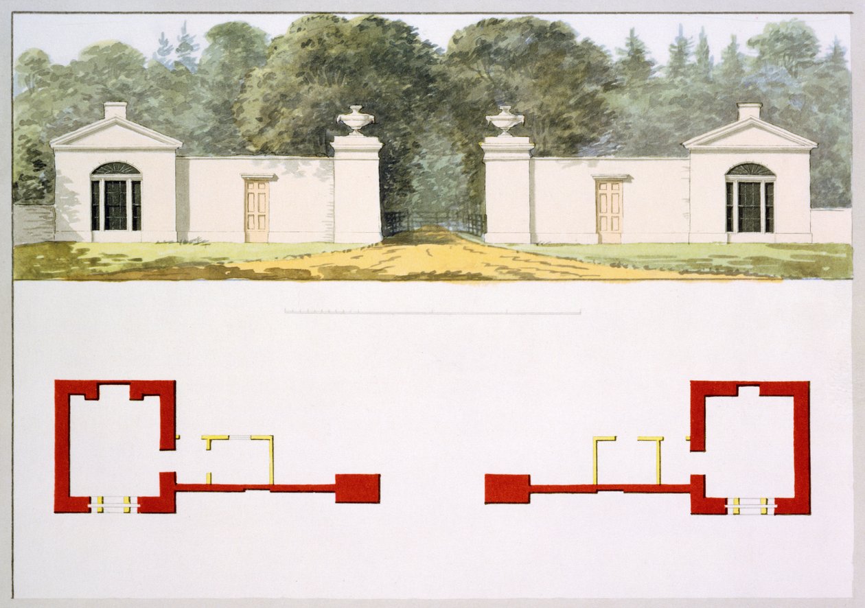 Ehdotettujen uusien sisäänkäyntiporttien ja majatalojen korkeus- ja pohjapiirrokset Antony Housen punaisesta kirjasta, n. 1812 (wc paperilla) tekijältä Humphry Repton