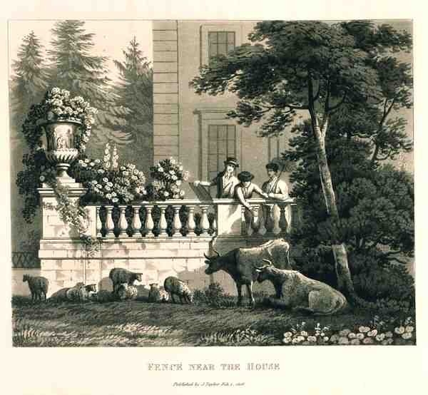 Aita talon lähellä, "Fragmentteja maisemapuutarhanhoidon teoriasta ja käytännöstä", pub. 1816 (litho) tekijältä Humphry Repton
